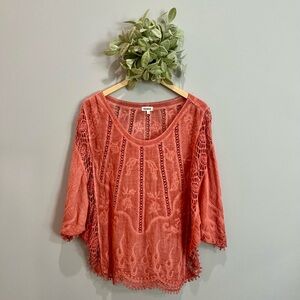 Elegant Women's Crochet Detail Blouse in Coral